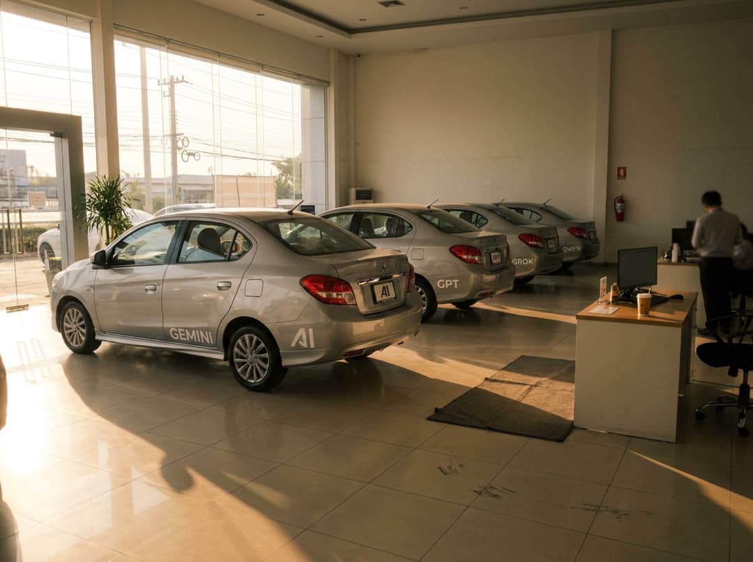 Late afternoon in a Bangkok car dealership: four silver sedans badged Gemini, GPT, Grok and Qwen, a salesperson at the far desk